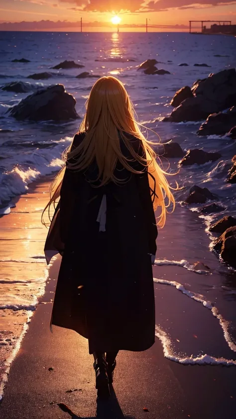 １people々々々々々々々々々々々々々々々々,Blonde long-haired woman，Long coat， Dress Silhouette， Rear View， Anime Style, evening，sunset，Beach，