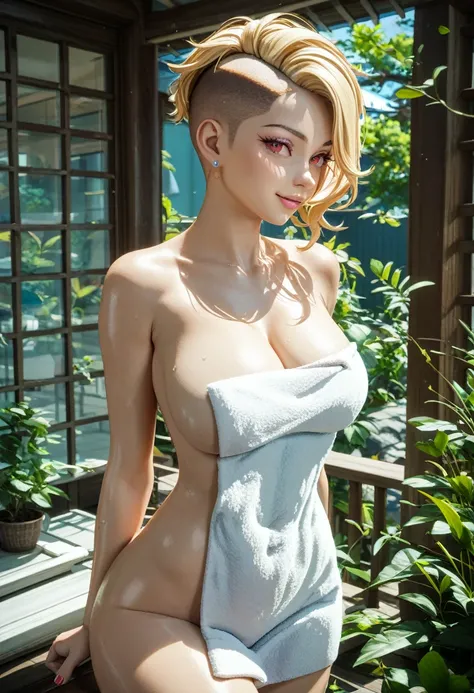 (Highest quality、4K、8k、High resolution、masterpiece:1.2)、Very detailed、(Genuine、Realistic、Realistic:1.37)、Beautiful Japanese Women、blonde、short hair、undercut、naked towel、white towel、fluffy towel、cleavage