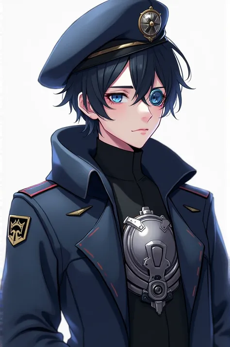 Character for rpg, young, male, with a mechanical spleen, a compact bezel over one eye, his typical clothing is that of a lead soldier and a beret, his age is between 20 and 22, dark hair, blue eyes, European.