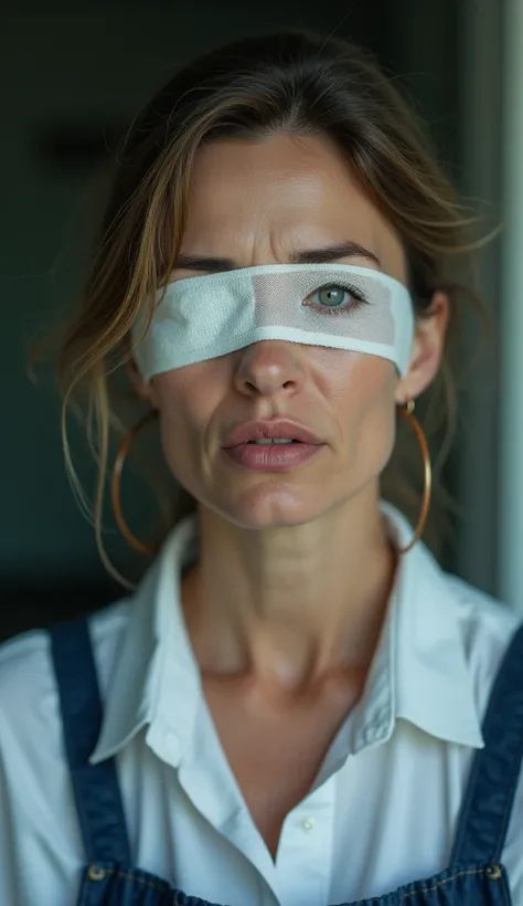 A middle-aged woman, possibly in her early 40s, with a bandage on her eye, wearing a simple school uniform for cleaning staff. She has only one eye, and her other eye is closed or covered, subtly showing her vulnerability. 