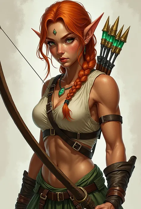 Drawing of an archer female High Elf, young adult, with masculine appearance, copper colored braided hair, with gold ornaments, green eyes and tanned skin, freckles on the face 