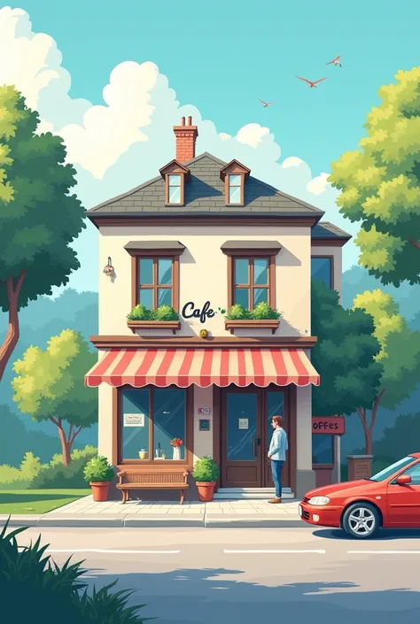 building of a beautiful cafe classic in 2 point perspective horizontal landscape full pictures less plants
1 person 1 car