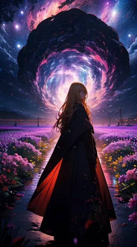 １people々々,Blonde long-haired woman，Long coat， Dress Silhouette， Rear View，universe ，typhoon，rain，Flower Field，Colorful flowers