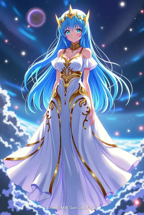 A beautiful anime princess with a delicate face and long, flowing blue hair, standing gracefully in a cosmic setting. She is dressed in a flowing, elegant white gown adorned with shimmering gold details that glow with neon accents. The dress is intricate, ...