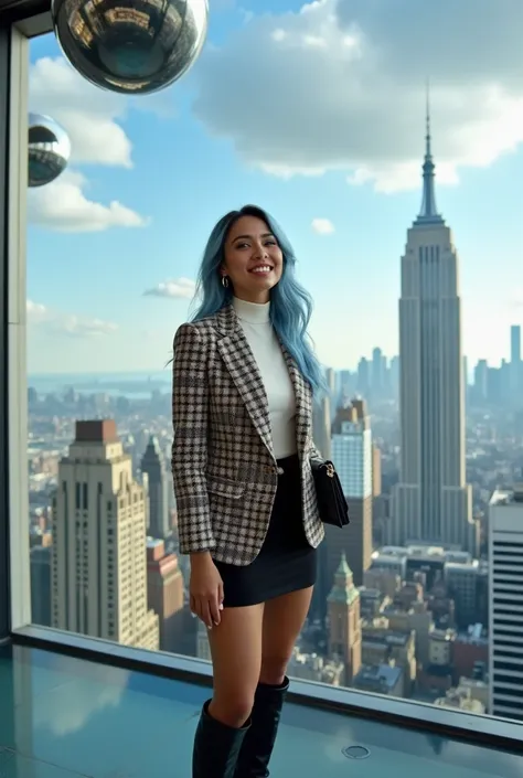 A stylish smiling beautiful biracial latina woman is wearing a chic outfit consisting of a beige and black houndstooth blazer over a white turtleneck sweater, paired with a short black skirt. She accessorizes with small hoop earrings, and a black shoulder ...