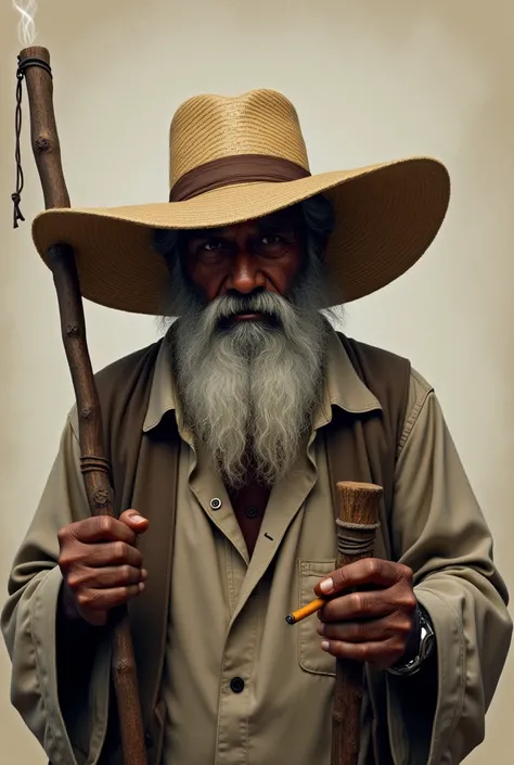 Old black man with white hair, beard and mustache, straw hat covering his face turned to the front, holding his staff in one hand and his cigar in the other