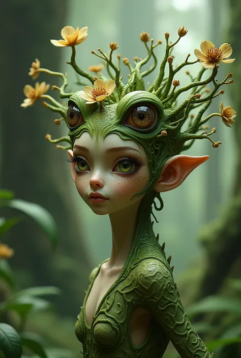 realism: create a female creature that has both human and frog features, with long hair in the shape of branches and leaves,