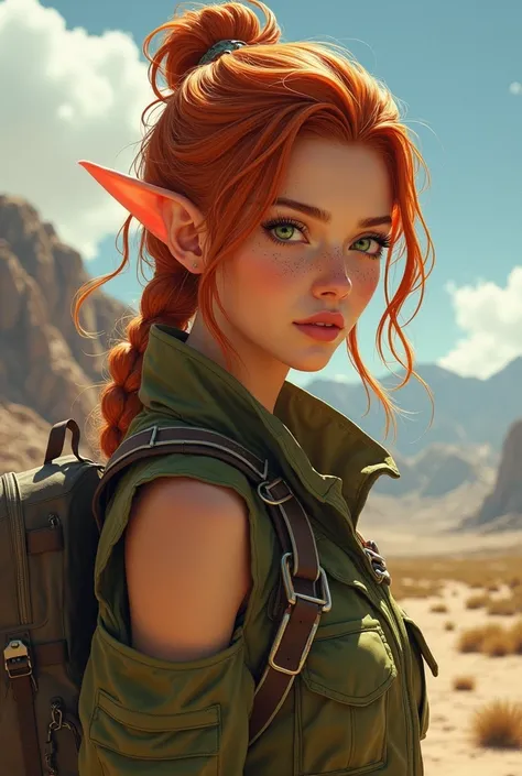 Drawing of an explorer female High Elf, young adult, with masculine appearance inspired by kpop idol Lee Felix from Stray Kids, copper colored braided hair, green eyes and tanned skin, freckles on the face 