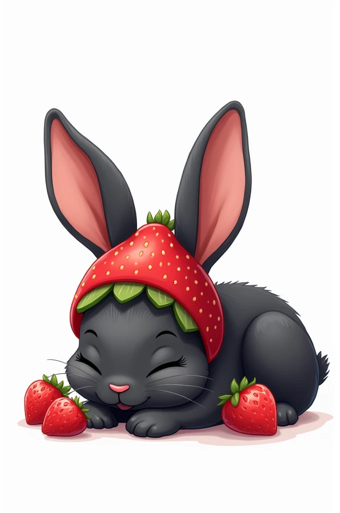 A black rabbit lying down with a strawberry cap, with few strawberries around it. It is in the middle and with a completely white background. With a cartoon style 