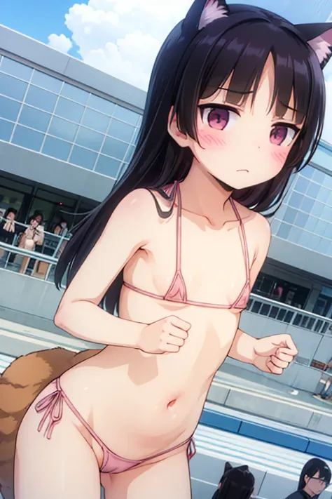 Highest quality,NSFW,Exhibitionism,Flat chest,Cat ears,Undressing,Comiket Venue,Expressionless,Being photographed,blush,Long black hair,Micro Bikini