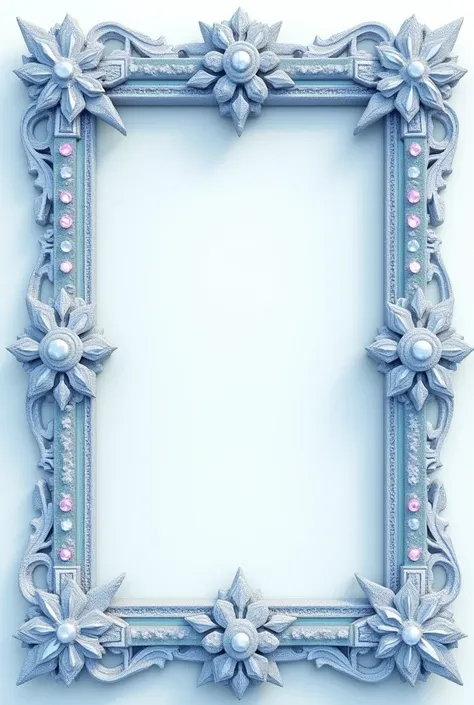 Snow themed rectangular frame with intricate patterns, decorations and gems no background 