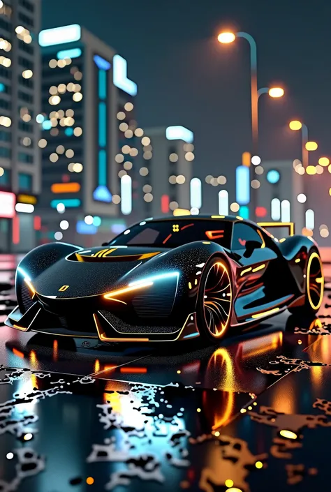 Create an image of a futuristic, high-end sports car that looks both sleek and expensive. The car should have a unique, one-of-a-kind design with a glossy metallic black body, accented with gold details around the rims and grille. It should feature a low, ...