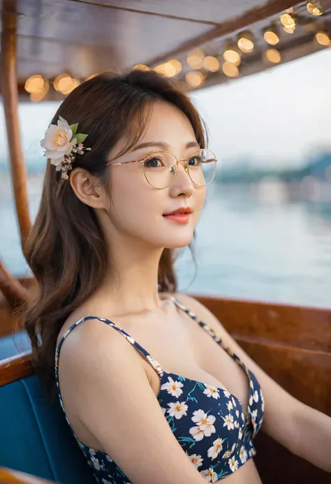 close-up, side shot of beautiful korean female, 34 inch breasts size, slightly smile, glasses, wearing crop top flowers pattern, sitting in a ship, bokeh background