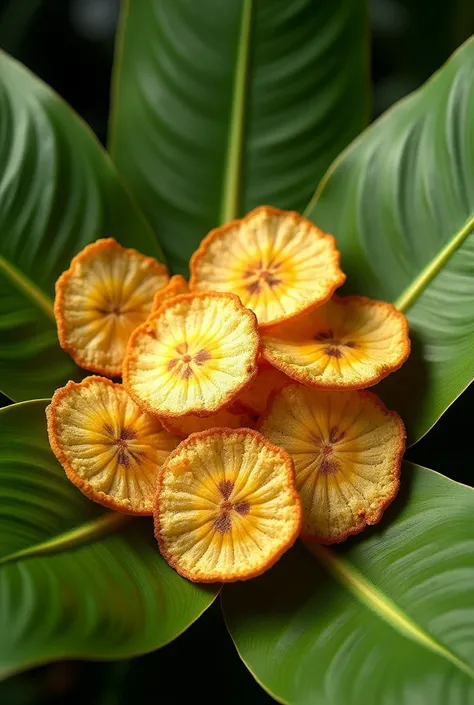 Banana chips on a green banana leaf . Eye catching art image