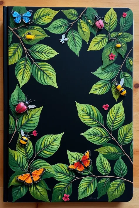 black cover sketchbook. tree leaves are painted on the cover . есть насикомые 