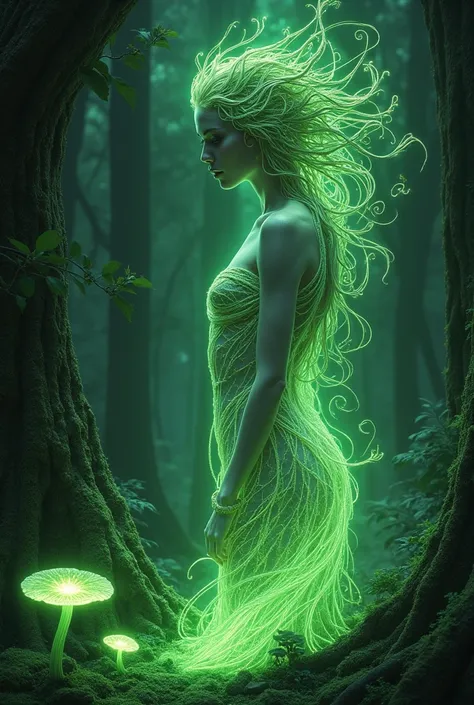 an ultra-realistic and beautiful feminine driada merged with the forest, details in green neon, maximum quality, 8k, bioluminescent illumination, drawn and painted with black and white pencil.