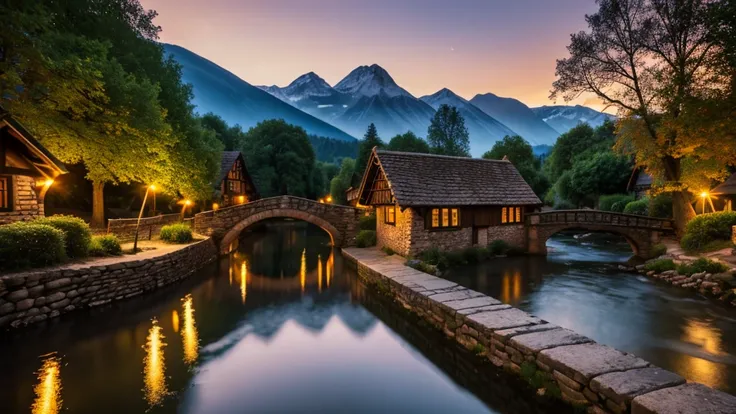 8k, photos DSLR, idyllic Tudor village next to small river, stone bridge over river, mountain and forest in the background, evening, sunset, warm lights in house windows, warm street lighting