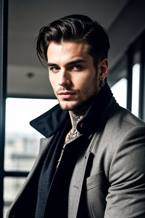  handsome man,. attractive. Tattooed, athletic Seductive expression.  Black trench coat, modern hairstyle, elegant business man, tall man, stubble

