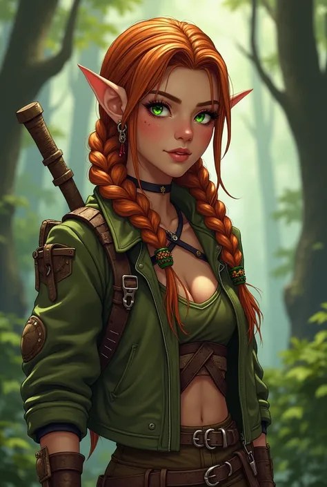 Drawing of an explorer female Wood Elf, with masculine appearance inspired by kpop idol Lee Felix from Stray Kids, copper colored braided hair, green eyes and tanned skin, freckles on the face 