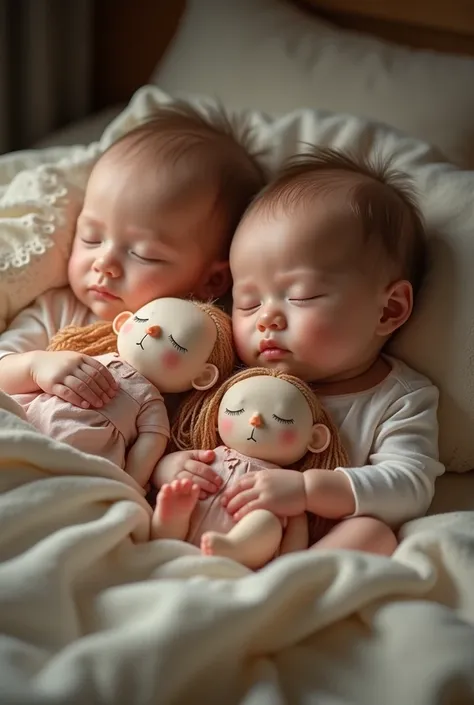 6-month-old triplets sleeping with their rag dolls in bed