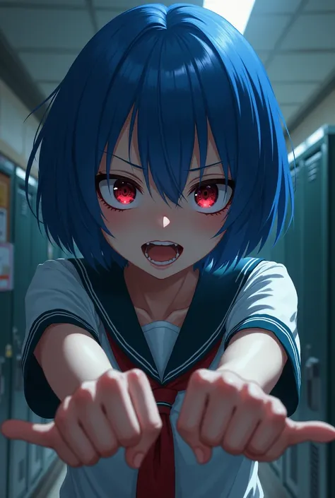 Yandere girl with blue short hair looking jealousy at the camera, School bg