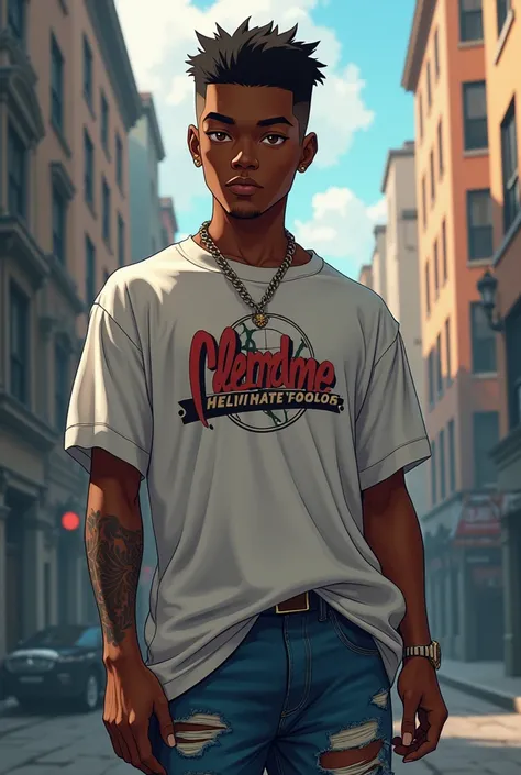 A young black skin man, Black short hair, low fade hairstyle, wearing a designed t-shirt and a ripped jeans pants, anime style, realistic wide shot 