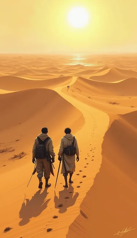 9. **Long walk in the desert**: Illustrate the duo walking through a vast desert path, with the horizon in the distance, emphasizing the length and difficulty of the journey.