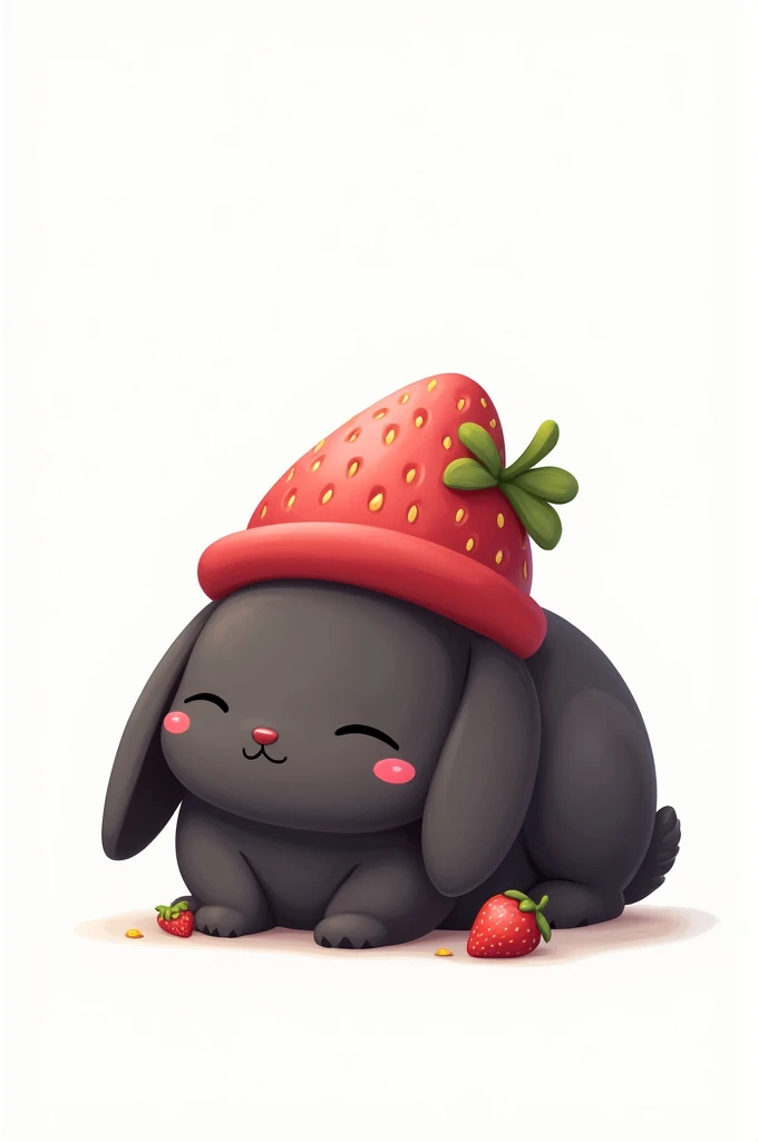 A black rabbit lying down with a strawberry hat, with few strawberries around it. It&#39;s a bit far away and with a totally white background. With a cartoon style 