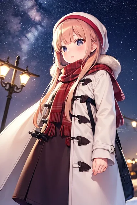 girl、Strawberry Blonde、long、Duffle coat 、Winter scarf、Looking up at the stars、night、Starry Sky、