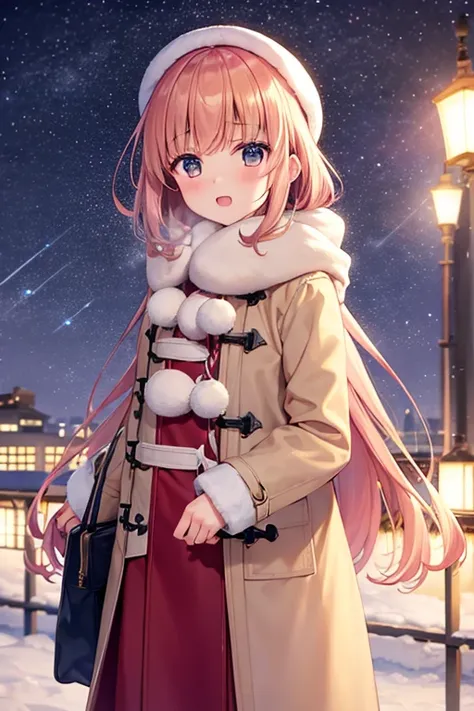 girl、Strawberry Blonde、long、Duffle coat 、Winter scarf、Looking up at the stars、night、Starry Sky、