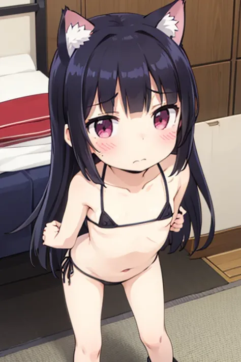 Highest quality,NSFW,Exhibitionism,Flat chest,Cat ears,Undressing,Comiket Venue,Shy,Being captured on camera,blush,Long black hair,Micro Bikini,Idle Posing