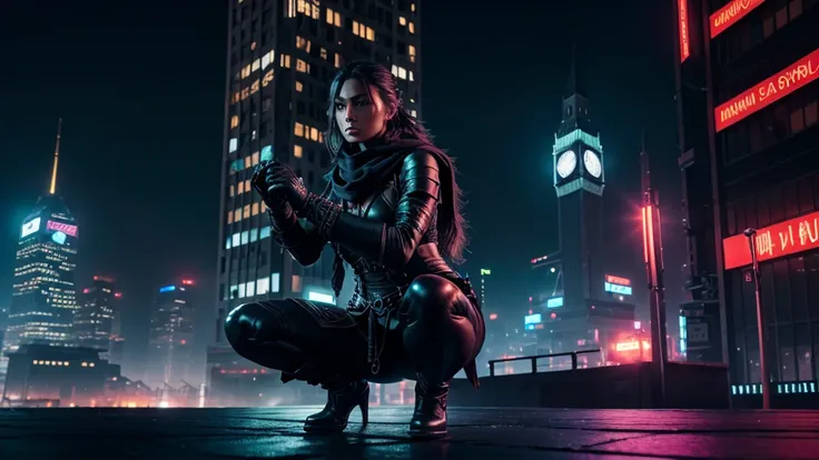 a closeup of fantastical image of an assassin, darkness of night fall, clad in flowing, flowing scarf, sword carried behind the body, squatting on top of the building at the end of the clock tower like an assassin, sitting squatting pose, hands touch the g...