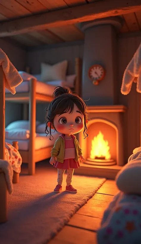 inside the fireplace station a young girl wake up in bunkroom in animated form 