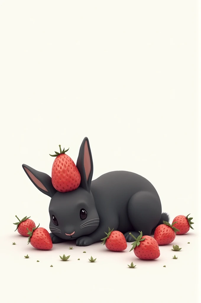 A black rabbit lying down with a strawberry hood, with few strawberries around it. It&#39;s a bit far away and with a totally white background.