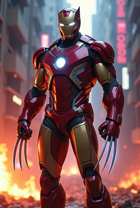 wolverine in ironman suit in neon light in fire
