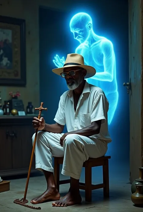 Old black man with a straw hat covering his eyes White pants and shirt Wooden rosary with crucifix in his hand With a small wooden cane lying on the floor Sitting on a small wooden stool Barefoot, with an old black man&#39;s soul standing up behind his bod...