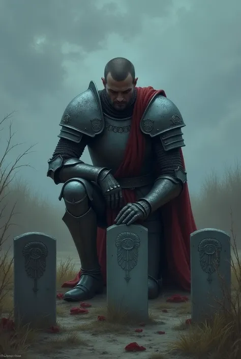 A knight kneel on the 4 grave of his teammate 