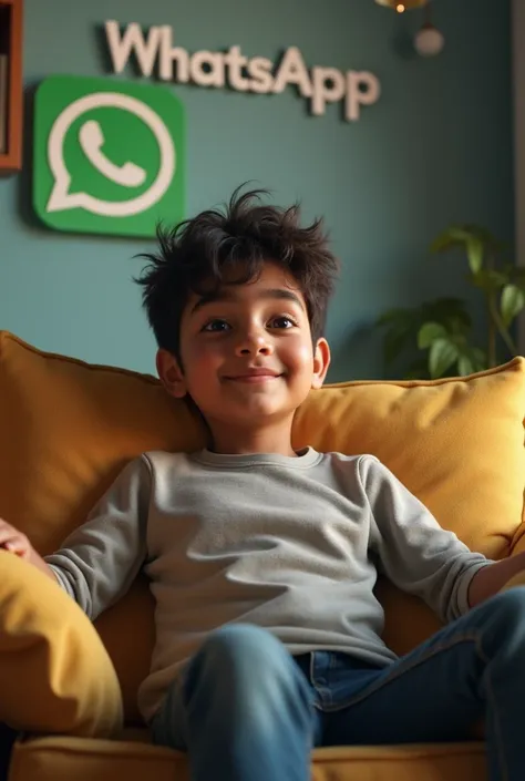 A boy named atiqur Rahman sitting in a sofa and his name written in a wall and a WhatsApp logo15year old