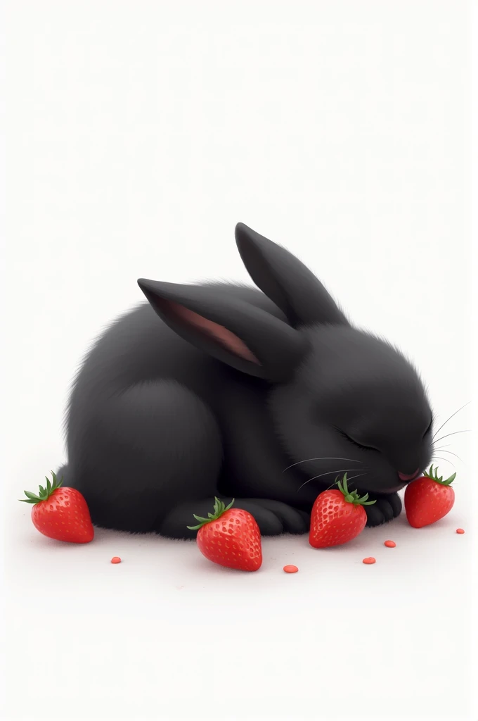 A black rabbit lying asleep with few strawberries around him. It is like in the middle ground and with a completely white background..