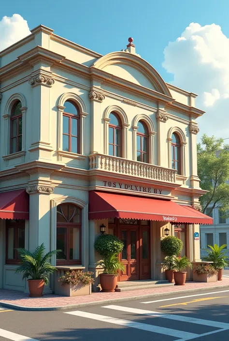 building of a beautiful cafe classic in 
2 point perspective full picture horizontal elongated symmetrical less plants



