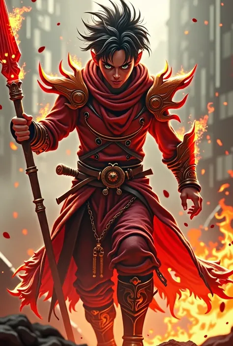 Generate a fierce and murderous Nezha image。He is a teenage boy，His eyes were filled with anger and determination.，Frowning，Shadows on the face，Show a strong sense of power。Nezha wearing fiery red armor，Holding a fire spear，Each of their feet is stepping o...