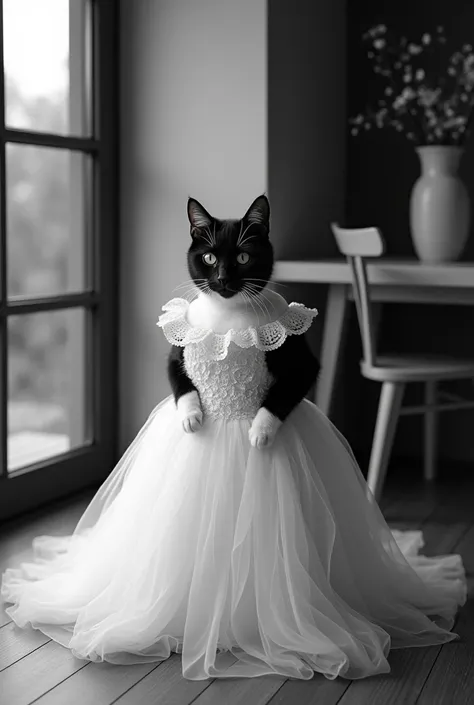 ultra HD，high qualiy，wall-paper，a black and white cat，bridal gown,  正面、Shooting against the light，The cat looks at the camera，Backlit photos clearly show individual hair roots，The environment is indoors, near the window，The background is in 正面 of a large t...