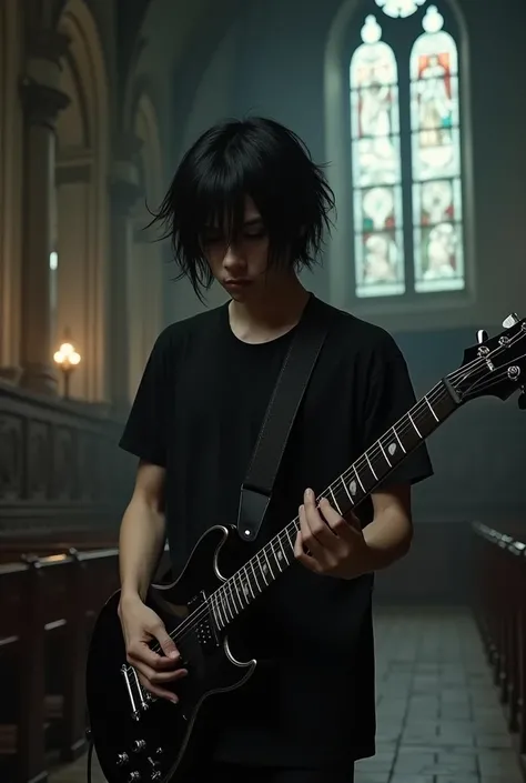 Boy with long black hair in black t-shirt holding a black guitar in a church 