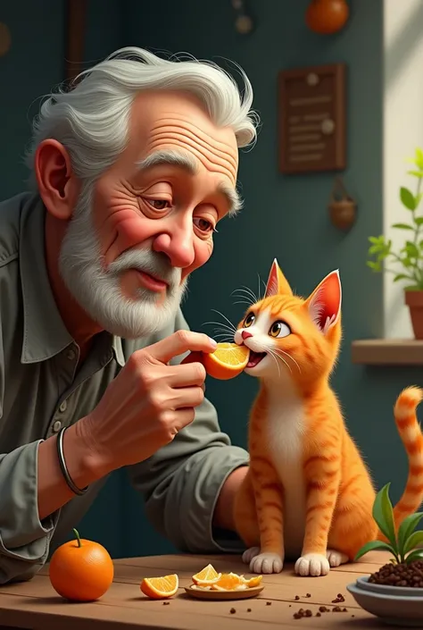 An old man feed an orange realistic hungry cat.