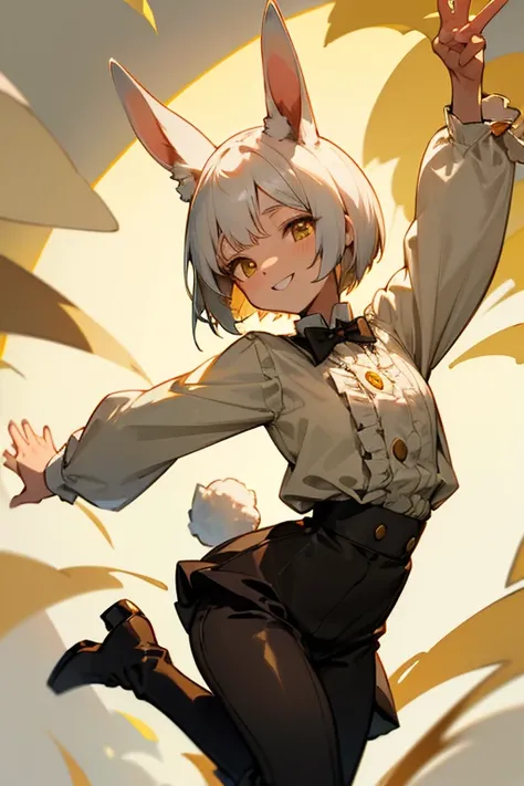 Big smile、rabbit beastman、juvenile、neutral、Flexible body、slender、bright、White Hair、Golden Eyes、Short Bob Hair、Frilled shirt、Best、Short black trousers、Brown long boots、Jumping、Uplifting、Move one arm widely