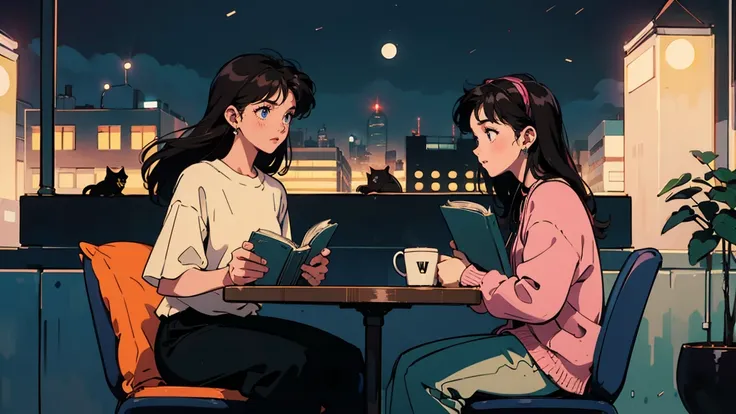 Highest quality, 8k, 1990s style,Hairstyles of the 2010s, 2 Girls, Black Hair, Long Hair, Light brown eyes, City Pop, pants ,Night view, Wear headphones,Reading a book, whole body,  Relax Coffee,table,making,look at me, Black cat
