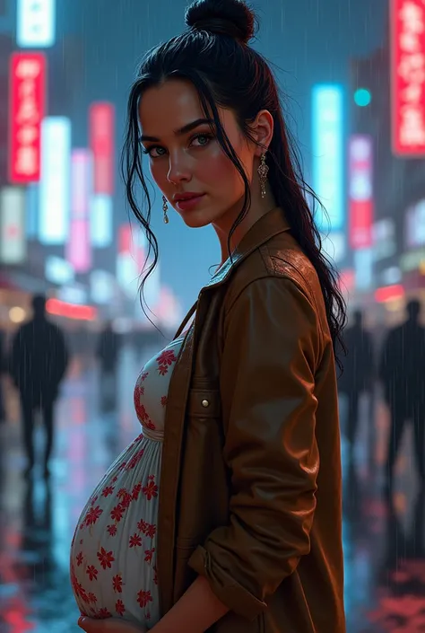 RAW, REALISTIC PHOTOS, OVER THE  SHOULDER VIEW, A PREGNANT GAL GADOT, WET FRENCH TWIST HAIR, WEARING BROWN JACKET , UNDERNEATH WHITE FLOWING FLORAL DRESS. (( EYES LOOKING AT THE VIEWERS)) (( BODY FACING BACK)) 
a highly detailed 16k illustration, award-win...