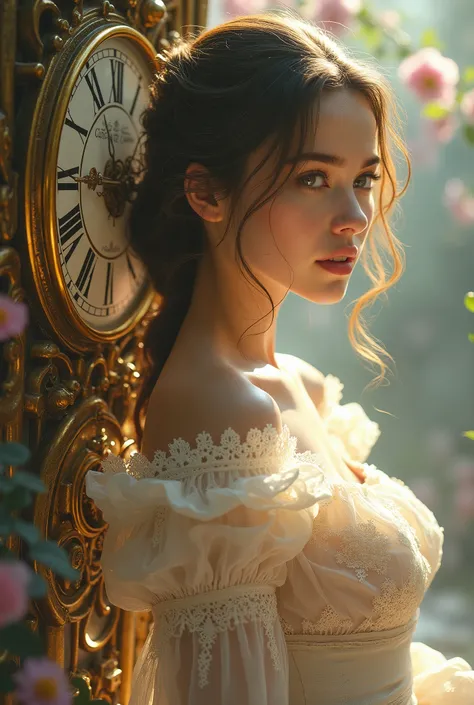 (best quality,4k,8k,highres,masterpiece:1.2),ultra-detailed,(realistic,photorealistic,photo-realistic:1.37),intricate mechanism of a mechanical clock, dreamlike atmosphere, worlds most beautiful girl, fine illustrations, antique gold and brass material, en...