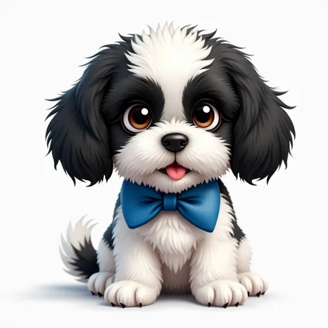 A black and white shih tzu dog with baby short hair, with a blue bow tie, adult dog 