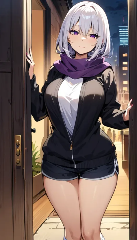 ((Best Quality)), ((masterpiece)), (detailed), 1 girl, long white hair, purple eyes, big ones, muslos big ones, smiling expression, black open sweater, White T-shirt, shorts grises, white high socks, purple scarf, night city background, cloudy sky, enterin...